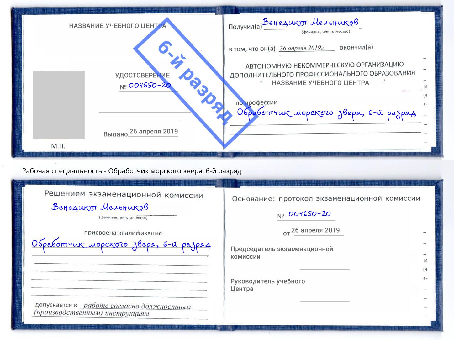 корочка 6-й разряд Обработчик морского зверя Верхний Уфалей
