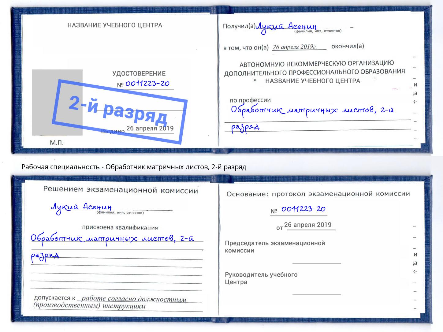 корочка 2-й разряд Обработчик матричных листов Верхний Уфалей