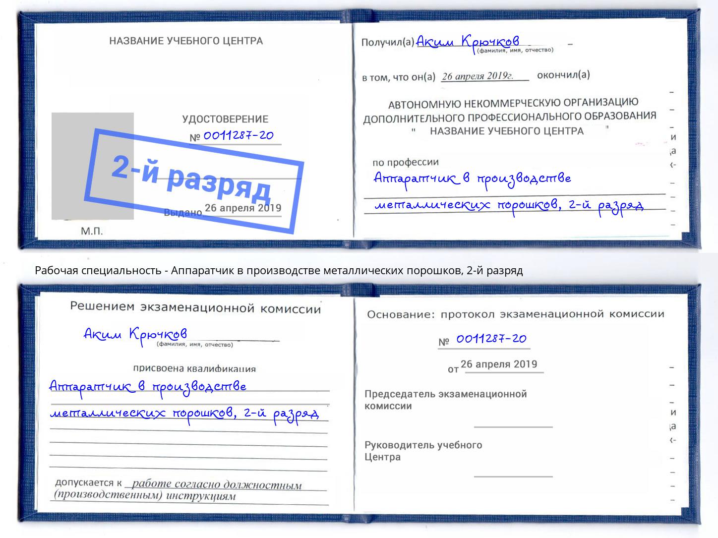 корочка 2-й разряд Аппаратчик в производстве металлических порошков Верхний Уфалей